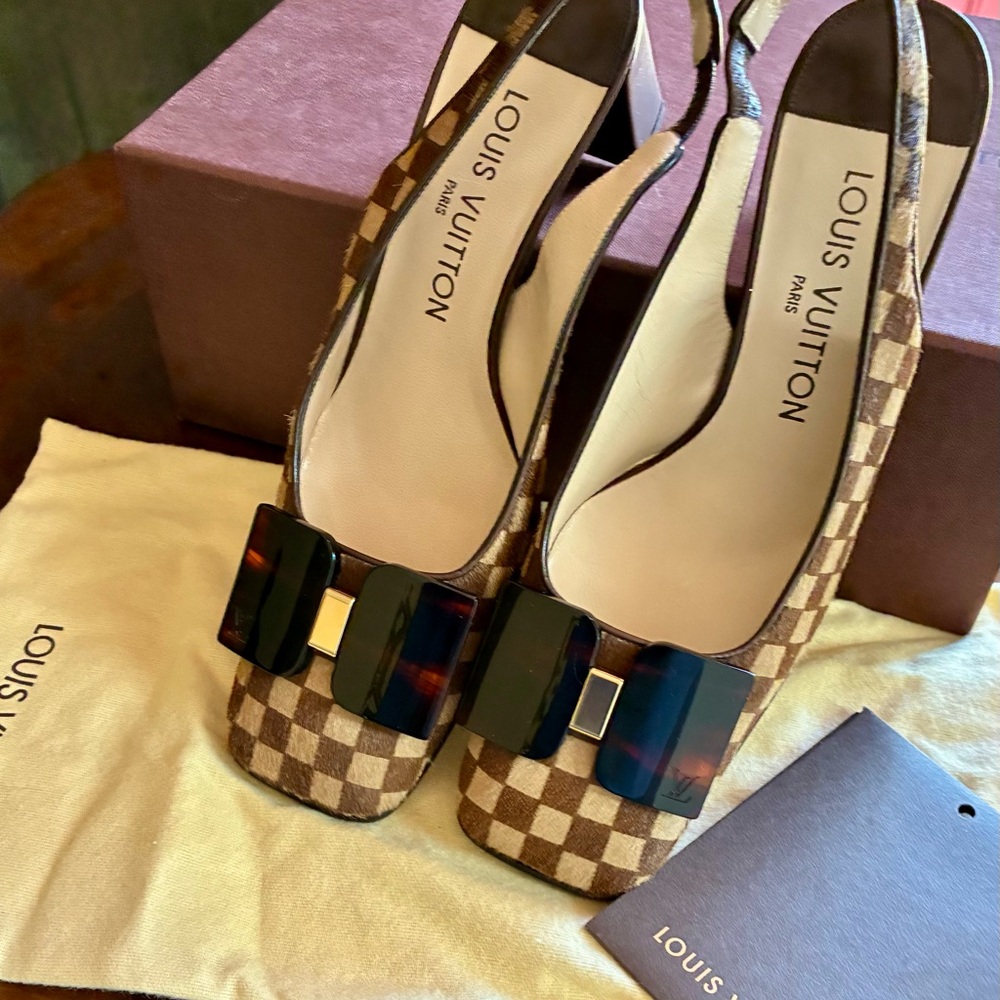 Louis Vuitton Brown Checkered Slingback Heels with Black Bow